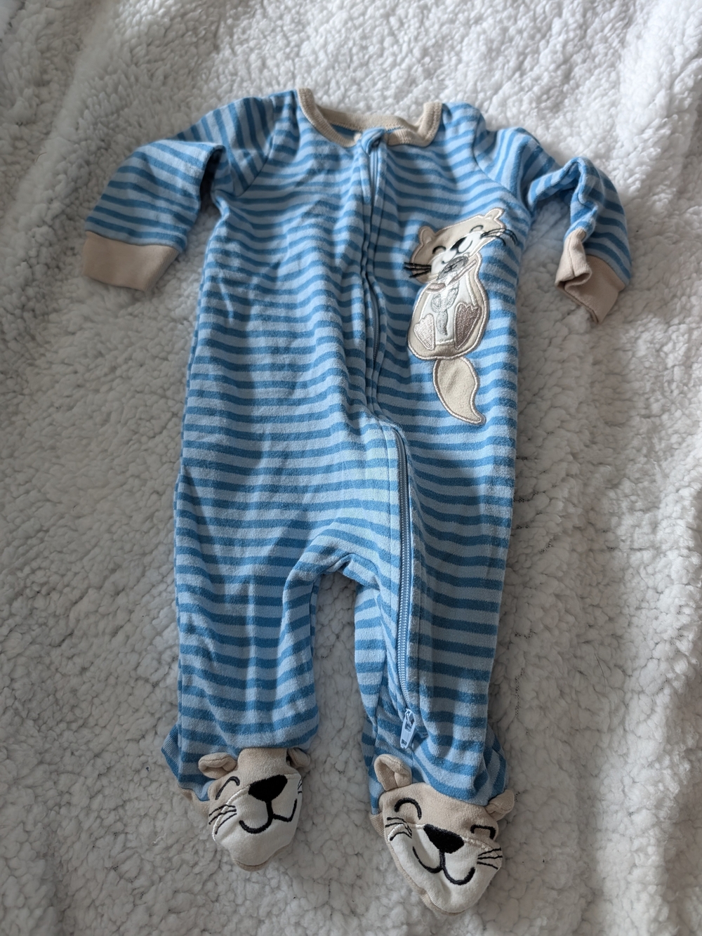 Striped Blue & Cream Baby Footed One-Piece with Otter Applique